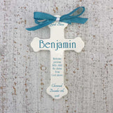 Personalized Ceramic Cross for boys or girls with teal text