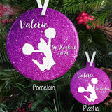 Cheerleader Ornaments Sparkly Printed Background with White Cheerleader Jumping and Your personalized text on a porcelain or plastic ornament
