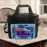 Large Cooler Tote Lunch bag with cheer terms randomly placed and any name prominently placed within the word art terms