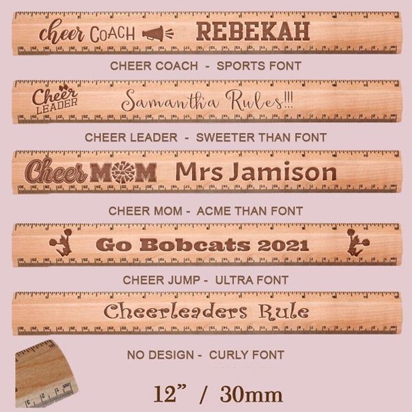 Personalized 12" rulers with cheerleading theme images and custom engraved with any name.