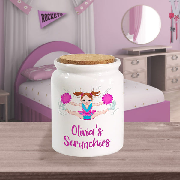 adorable illustration of a cheerleader in a split on a corked porcelain jar and any personalized text.