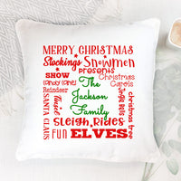 Christmas words surround any family name in your choice of font on a square throw pillow