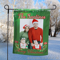 Your photo in a Christmas Holly Background on a custom garden flag with two areas of custom text