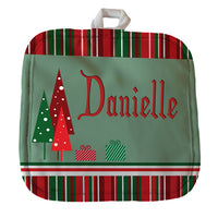 8" x 8" Christmas Pot Holders with Red, white and green christmas stripes on top and bottom, three triangle trees and two gift boxes along with your name.