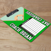 Personalized clipboard with starting line up list for baseball coaches.
