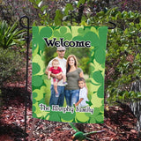 Any photo surrounded by a spray of shamrocks on a welcome garden flag marker