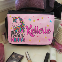 colorful unicorn and stars  on the cosmetic bag cover along with your name.