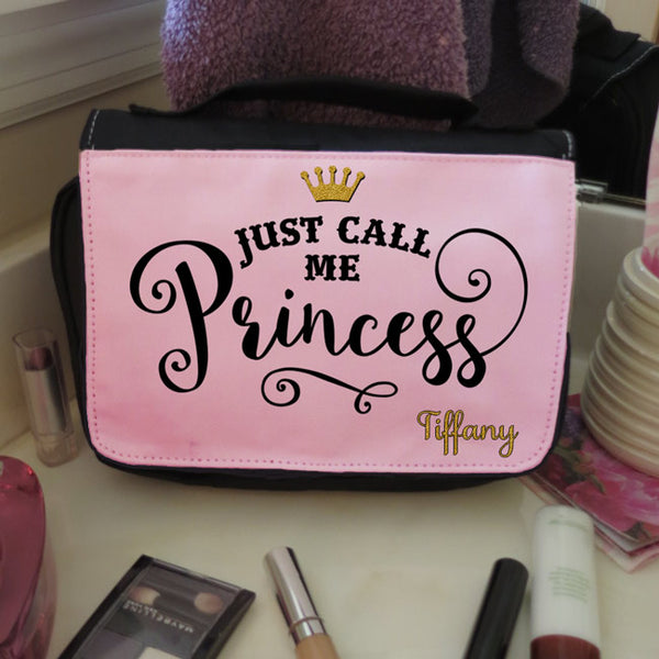 Gold sparkly princess crown with Just Call me Princess design and your name on a travel cosmetic bag
