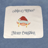 Elf Hand Towel  13" x 13" square with elf head and two lines of custom text