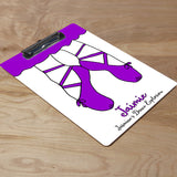 Dance dress on legs with toe shoes in purple 2 lines of custom text all on personalized clipboard