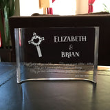 Couples Blessing Plaque, crescent shape clear acrylic with ornate heart cross and personalized with any names and date along with blessing.