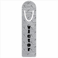 diamond plate design on tall bookmark name is printed vertically in bold black font