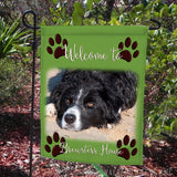 your pet on a garden flag.  You may request paws, claws and borders around your photo