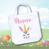 White Tote bag with Unicorn theme bunny rabbit for little girl's Easter Egg Hunt personalized with her name