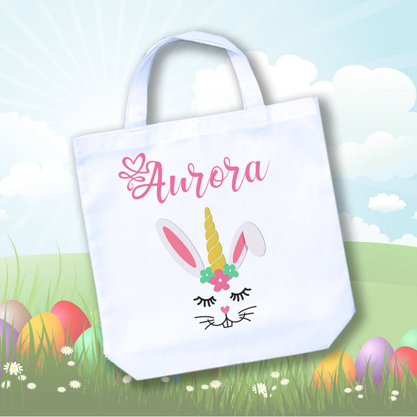 White Tote bag with Unicorn theme bunny rabbit for little girl's Easter Egg Hunt personalized with her name