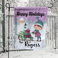 Personalized Christmas Yard Flag with Cartoon Elf Gifts On Sled and Gingerbread house