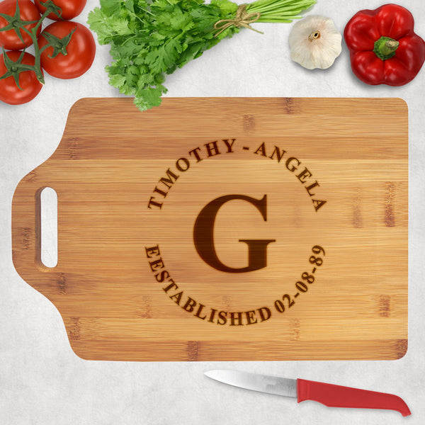 wood cutting boards with extended slot handle with couples established date, names and initial