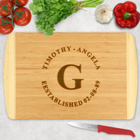 Circular Established Couples Design on a two tone cutting board with names date and last name initial