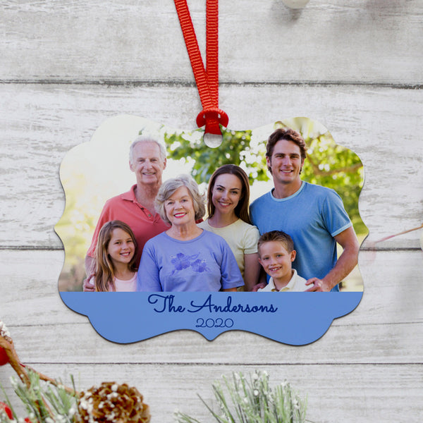 Benelux Shape Christmas Ornament with family photo and text. Text placement is dependent on the photo submitted but if you have any suggestions please put them in the additional info box.