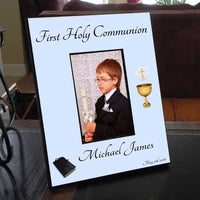 Blue printed first holy communion picture frame tall with any name and date