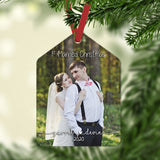 Gift tag shaped Christmas ornament with wedding photo. personalized with 1st married Christmas, your names and date, or any text.