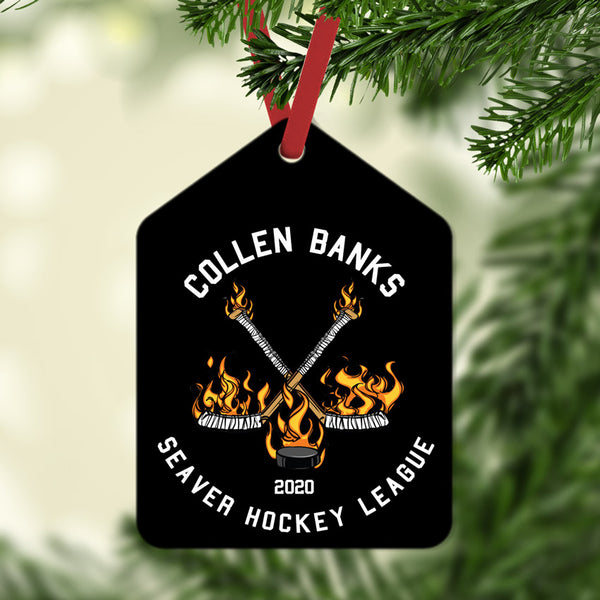 Flaming Hockey Sticks Gift Tag Christmas Ornament Personalized