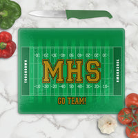 Football filed yard lines design on a glass cutting board. Text in Center and Bottom but you can personalize with text on top too