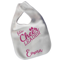 White microfiber fleece bib with Future Cheerleader and personalized with any name.