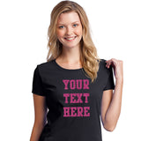 A Woman wearing a black crew neck tee shirt that says Your Text Here in Sports Font