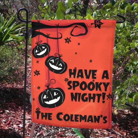 Have a Spooky Night Halloween Garden Flag with jack-o-lanterns  hanging from a tree branch and your name