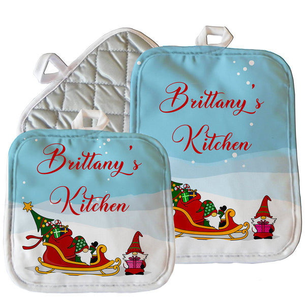 Personalized pot holders with gnome elves on Santa's sled with Christmas Gifts with any name or custom text