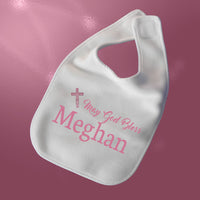 Pink Christian Cross on White Bib with God Bless and any baby girl's name