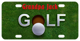 Golf ball dimples within the word Golf and personalized with any custom text on top of a vanity license plate for bike, atv, golf cart or car