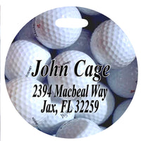 Round Golf Bag Tag with image of lots of golf balls personalized with any name and contact info