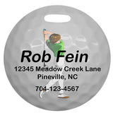 4 inch round Golf Bag Tag with Male Golfer and contact info