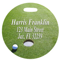 4 inch round Golf Bag Tag with golf green and contact info