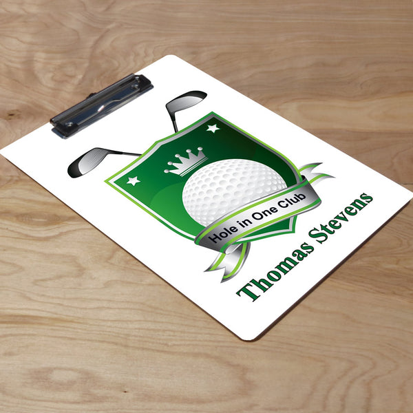 Golf Crest Design on clipboard personalized with any name below crest and custom text in the banner