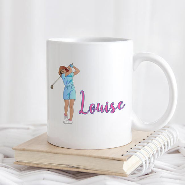 shown on an 11 ounce mug, a woman golfer taking a swing and any name in a pink script font