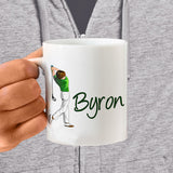 Male Golfer Graphic in swing and any name on a ceramic coffee mug