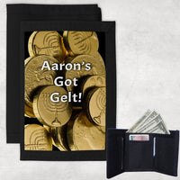Black Nylon Tri-fold Wallet with picture of Hanukkah Gelt and your personalization