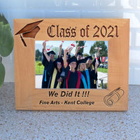 Class of 2020 Wide Picture Frame with personalized title on top, name and school name on bottom. Frame shows graduation hat in upper left corner and diploma in bottom right