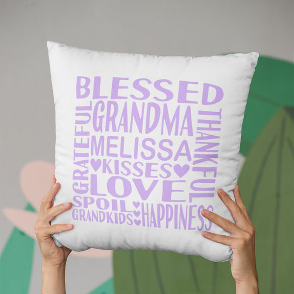 square throw pillow cover with words about grandma and her name in soft purple text