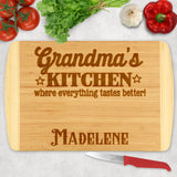 Any Title like Grandma's, Nanny's etc Kitchen where everything tastes better on a two tone cutting board personalized with a name