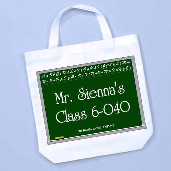 Green Chalkboard design tote bag personalized with teachers name and class number