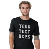 A Man wearing a black crew neck tee shirt that says Your Text Here in Sports Font