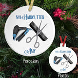 Showing both Porcelain and Plastic Ornaments for Hair cutters with comb, scissors, blow dryer and curling iron. Personalized above and below image area with your custom text