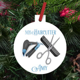 Personalized Hair Stylist Ornament on 3" round reinforced plastic ornament stem comes from top to hold ribbon for hanging.