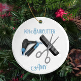 Personalized Hair Cutter Ornament on 2-7/8" porcelain, printed on both sides.