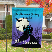 Spooky House on a Hill with bats and a full moon personalized Halloween Welcome Yard Flag