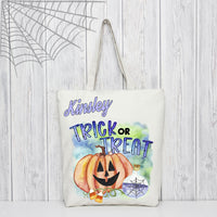 candy tote bag for halloween with pumpkin and trick or treat design and your name